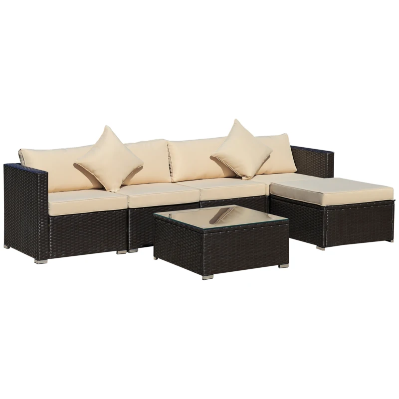 Outsunny 6 Piece Patio Furniture Set Outdoor Wicker Conversation Set All Weather PE Rattan Sectional Sofa Set with Ottoman, Cushions and Tempered Glass Table, Coffee and Beige