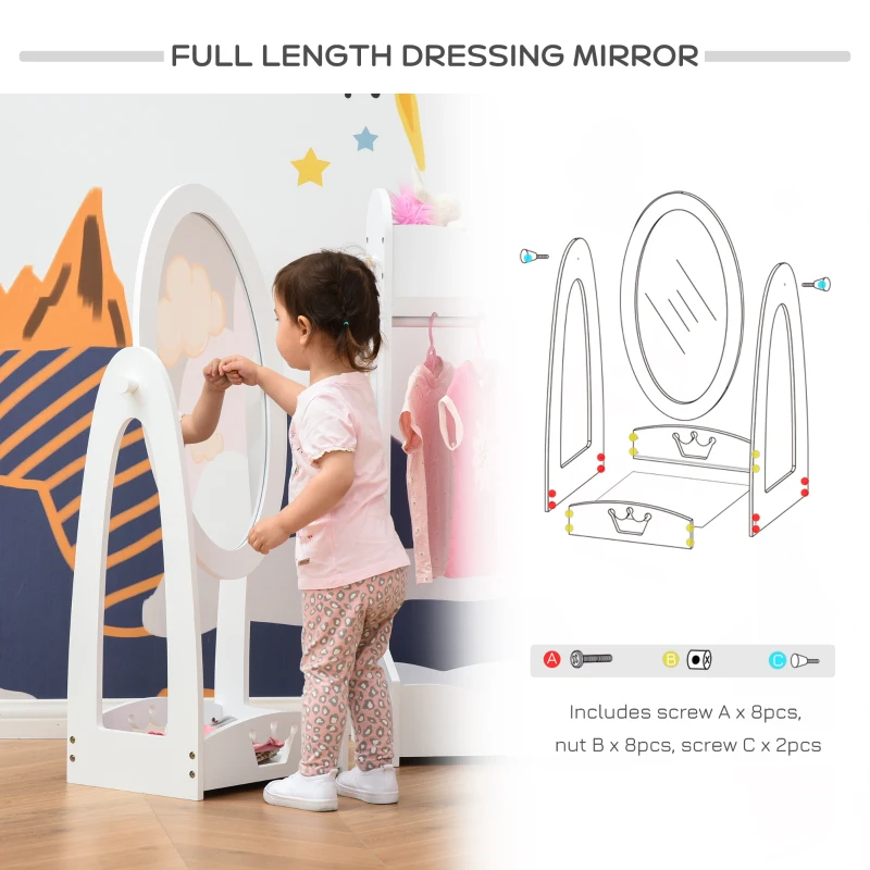 HOMCOM Full Length Mirror for Children, Adjustable to be Viewed From Multiple Angles Dress-up and Make-up, White