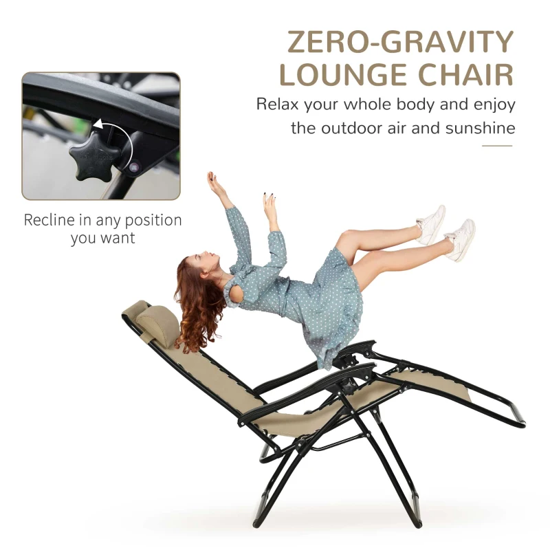 Outsunny Zero Gravity Chair Set of 2 Patio Chair with Side Table Cupholders and Pillows for Pool, Backyard, Lawn, Beige
