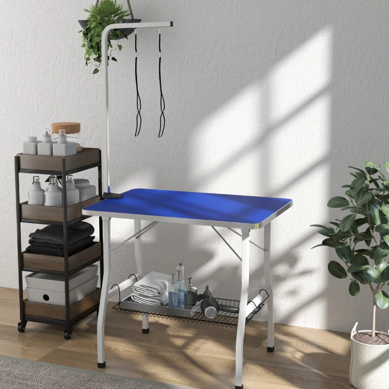 PawHut Dog Grooming Table w/ Adjustable Arm, Mesh Tray,  Two Nooses, Rubber Surface, 35" x 24" x 61", Blue