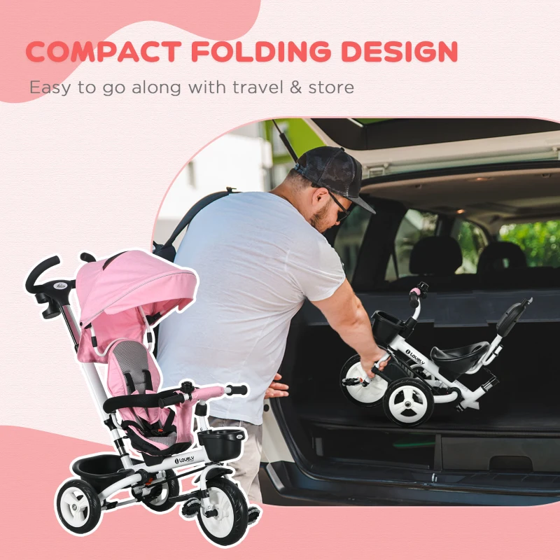 Qaba 6 in 1 Toddler Tricycle with Parent Push Handle, Canopy, Storage Baskets, Cupholder, Pink