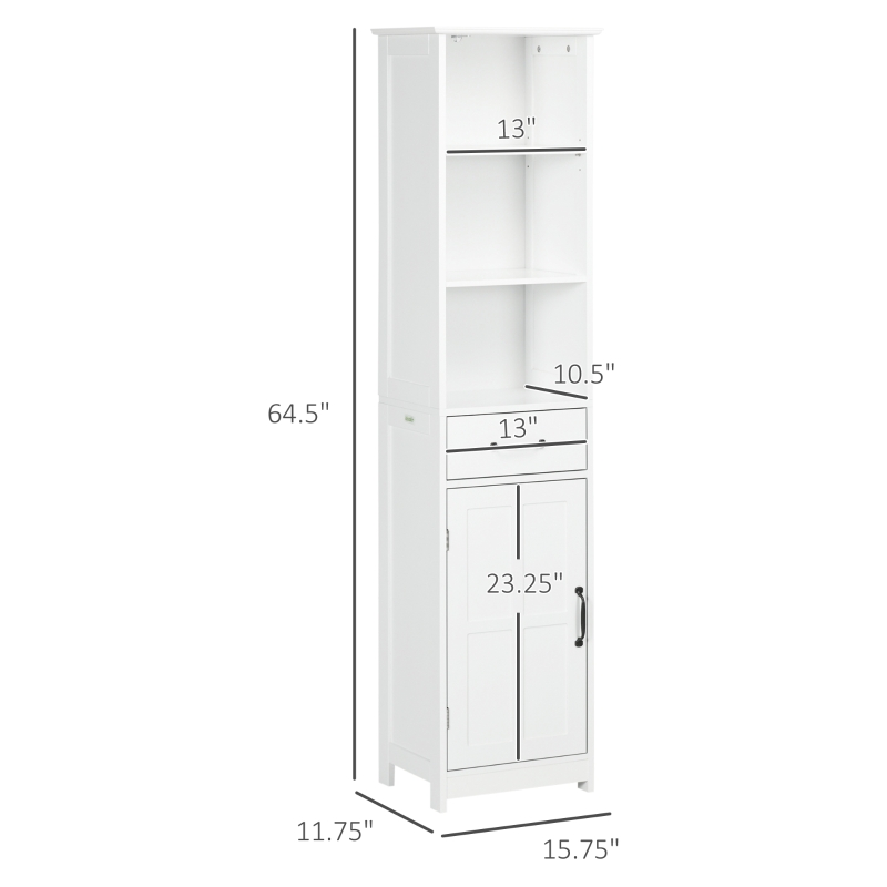 kleankin Modern Bathroom Cabinet, Narrow Storage Cabinet with 3 Open Shelves, Drawer, Recessed Door and Adjustable Shelf, White