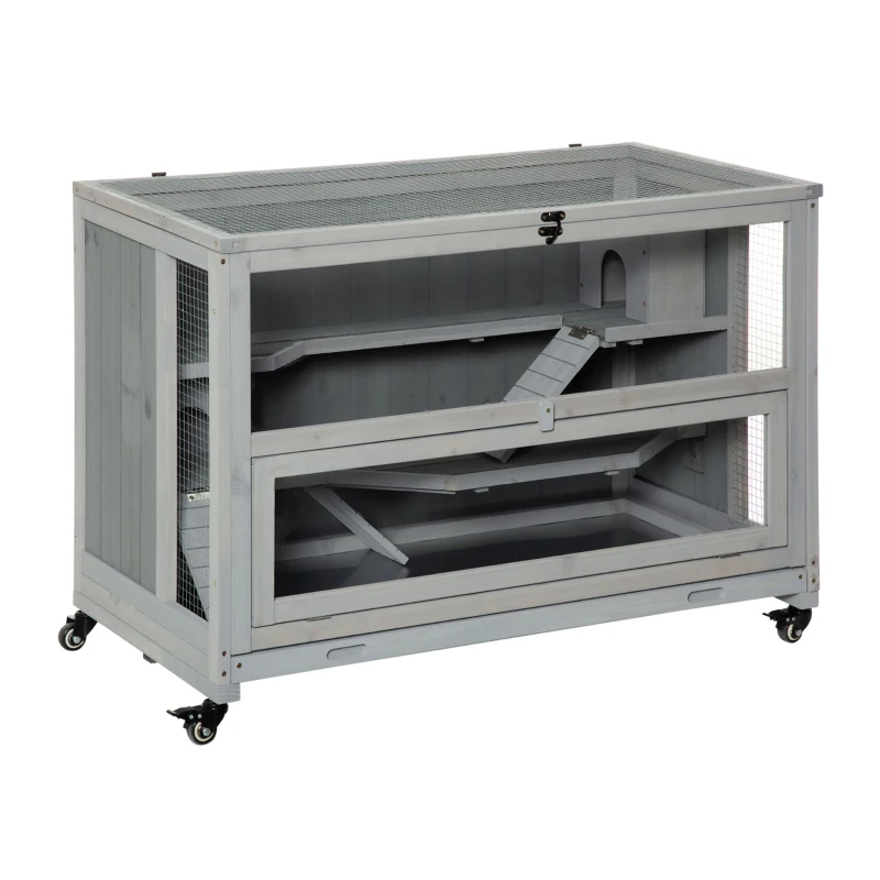 PawHut 3 Tier Wooden Hamster Cage with Wheels for Dwarf Hamster, Light Grey