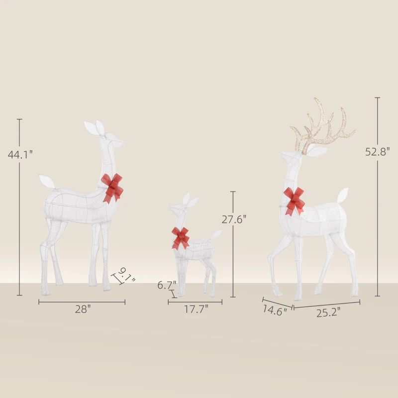 Outsunny Lighted Reindeer Christmas Decorations, 3-Piece Light Up Christmas Deer Family Set with 2 Modes for Outdoor, Silver