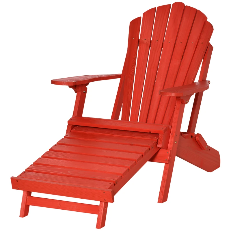 Outsunny Folding Adirondack Chair with Ottoman, Outdoor Wooden Lounger for Patio, Porch, Poolside, Garden, Red