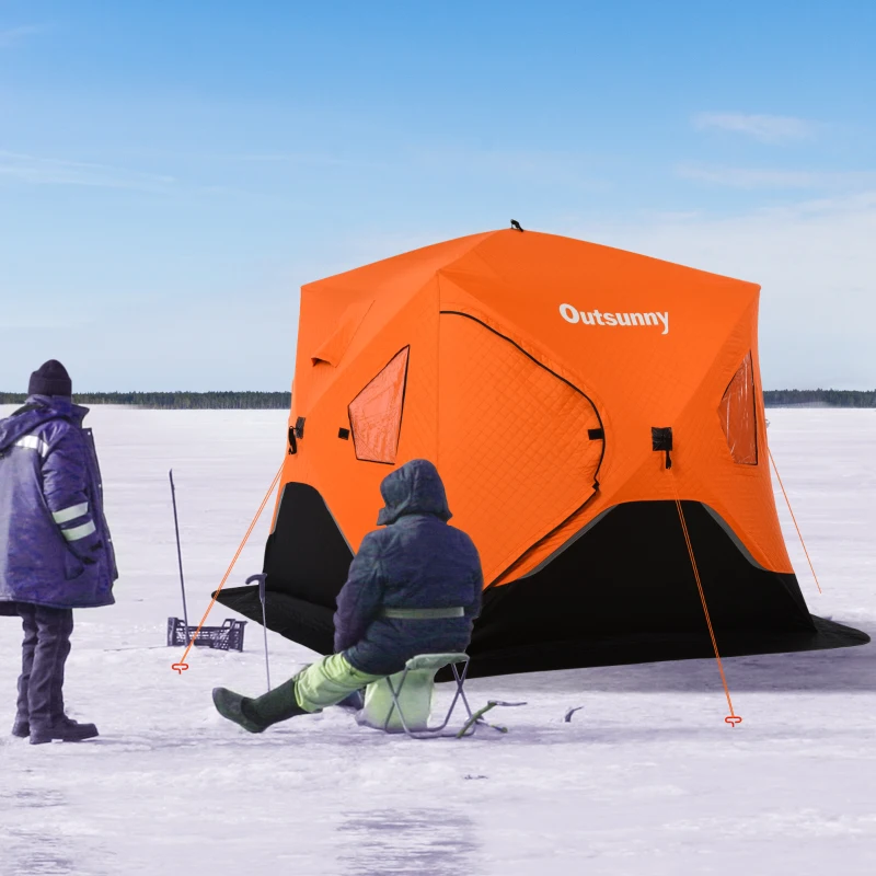 Outsunny 4 Person Ice Fishing Shelter Insulated Waterproof Portable Pop Up Ice Fishing Tent with 2 Doors for Outdoor Fishing, Orange