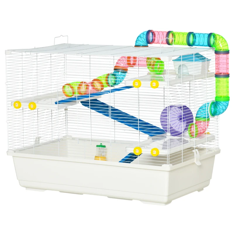 PawHut 31" Large Hamster Cage, Small Animal House, Multi-storey Gerbil Haven, Tunnel Tube System, with Water Bottle, Exercise Wheel, Food Dish, Ramps, White