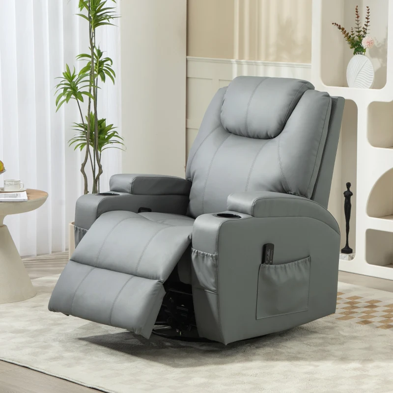 HOMCOM Massage Recliner Chair Leather Swivel Rocker Manual Reclining Chair with 8 Vibration Points, Cup Holders, Light Grey