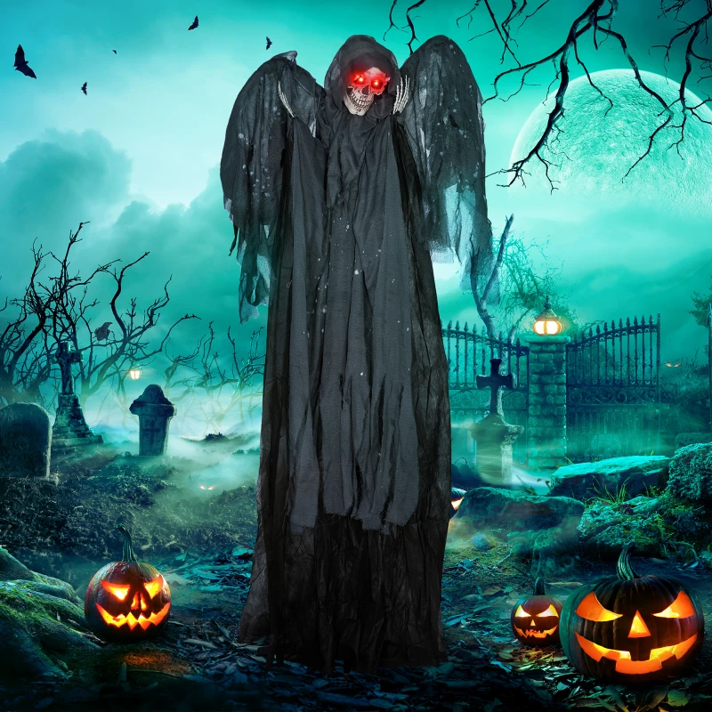 HOMCOM 6.4' Life Size Winged Grim Reaper Outdoor Halloween Decoration Animatronic, Animated Prop w/ Light Up Eyes