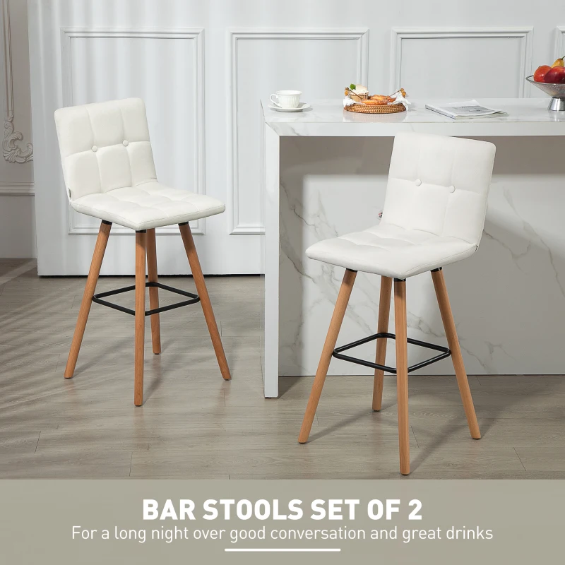 HOMCOM Modern Bar Stools Set of 2, 38" Upholstered Kitchen Island Stool with Solid Wood Legs, White