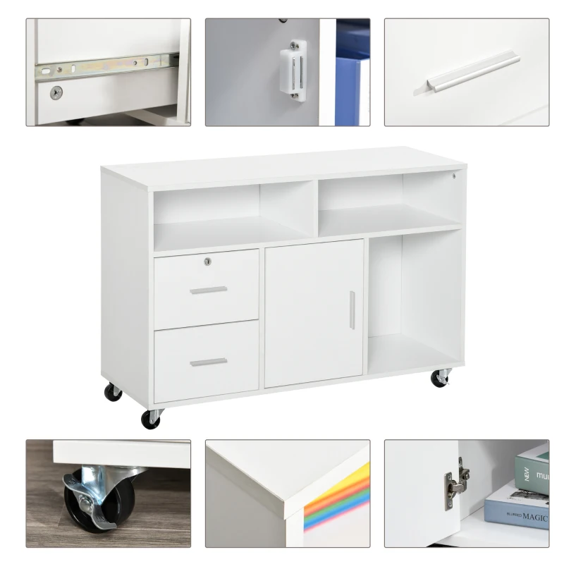 HOMCOM Printer Stand Home Office Mobile Storage Cabinet Organizer Desktop with Caster Wheels, 2 Locking Breaks and Drawer, White