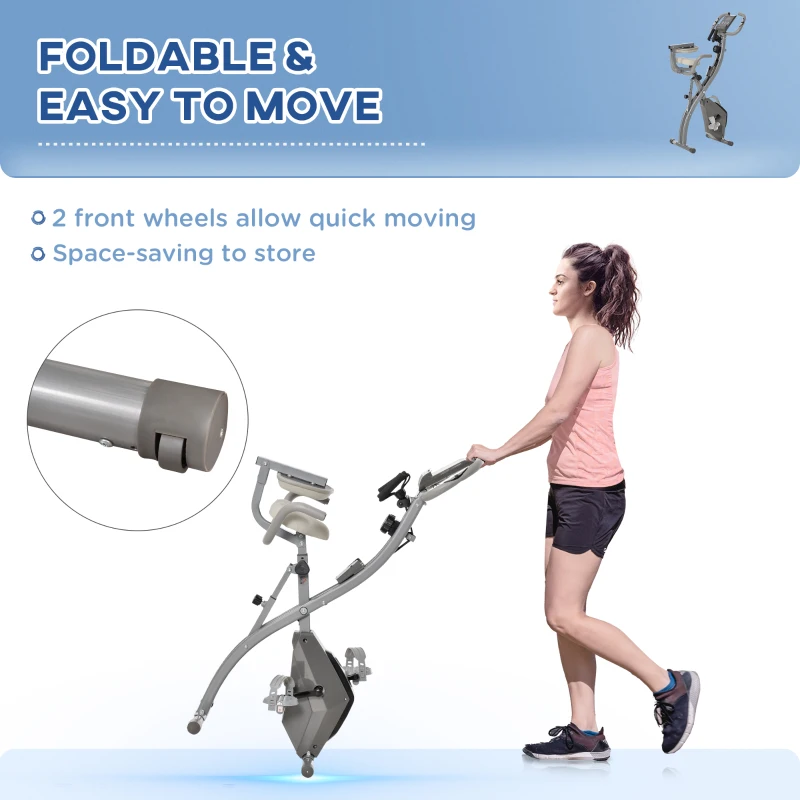 Soozier 3 in 1 Folding Exercise Bike, Foldable Stationary Bike with 8-Level Magnetic Resistance, Adjustable Seat, Grey