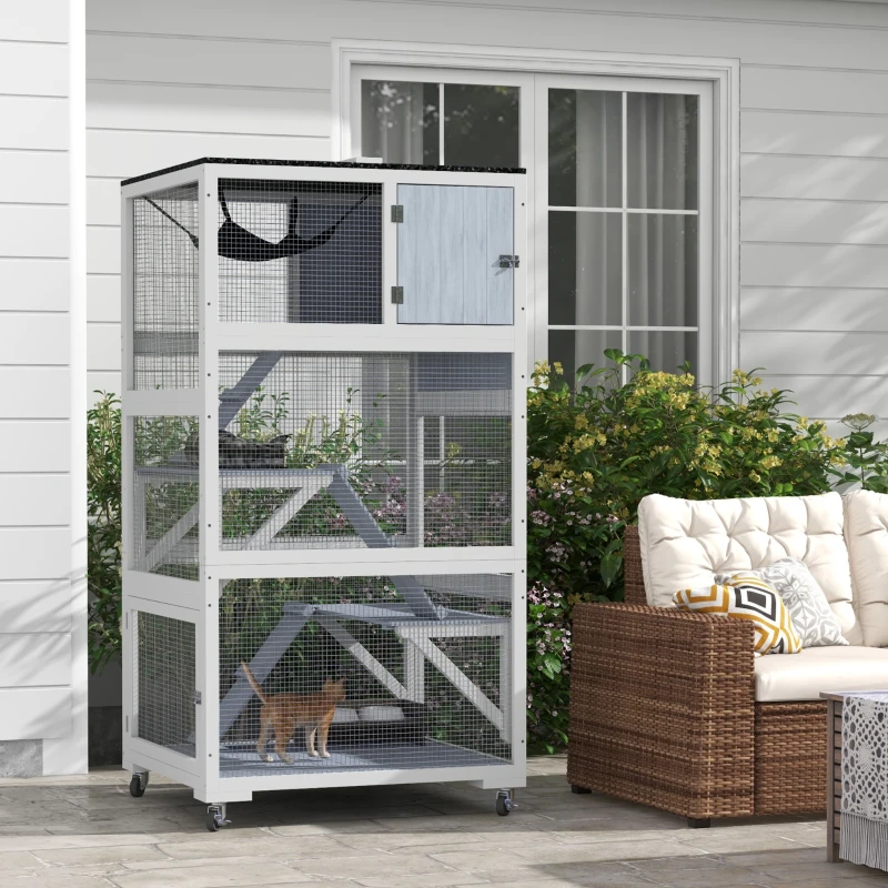 PawHut Catio, Outdoor Cat Enclosure House on Wheels with Hammock, Gray