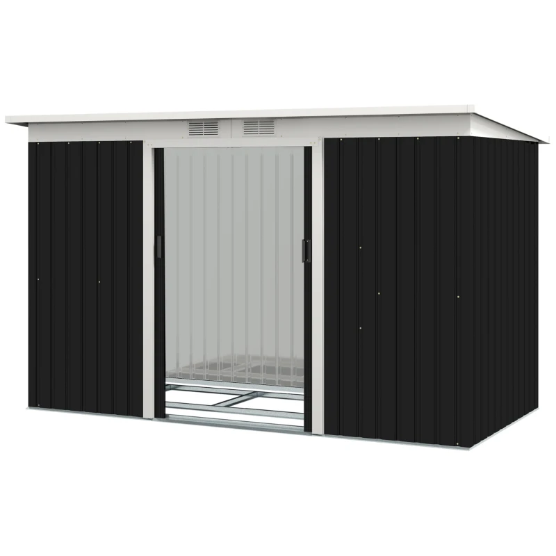 Outsunny 9x4 Outdoor Storage Shed Galvanized Steel Garden Shed with Foundation Kit, Ventilation & Doors, Dark Grey