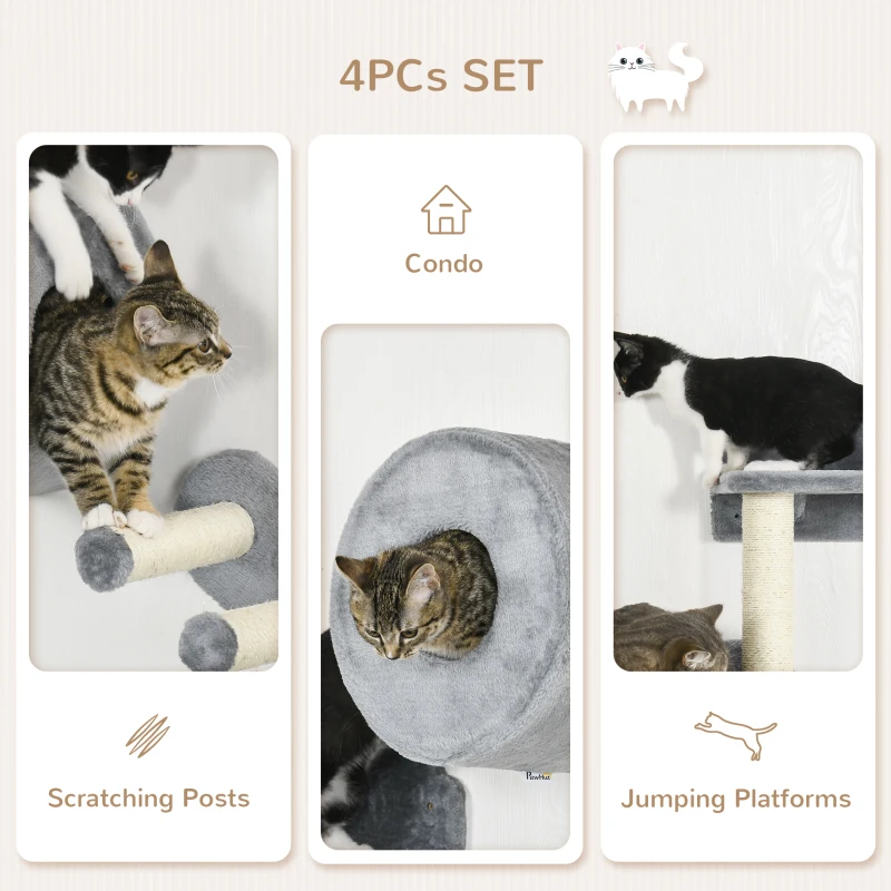 PawHut 4 PCs 9.3" H Cat Wall Shelves, Pet Wall-mounted Climbing Shelf Set, Kitten Activity Centre with Condo, Cushion, Scratching Post, Jumping Platform, Grey