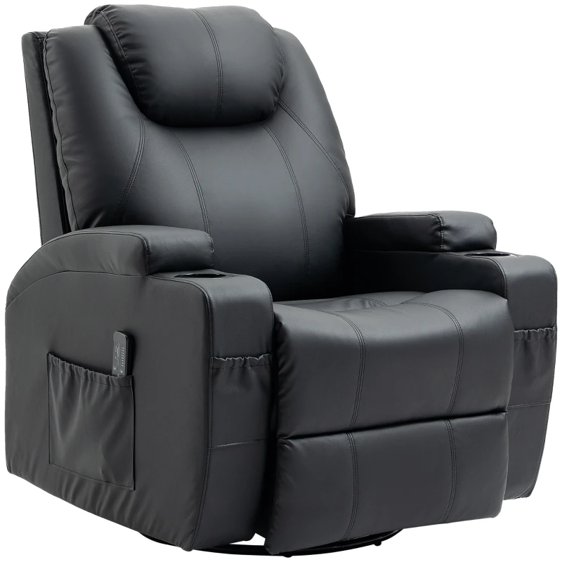 HOMCOM Massage Recliner Chair, Swivel Nursery Rocker Chair, Manual Reclining Sofa with 8 Vibration Points, PU Leather, Cup Holders, Side Pockets, for Living Room, Black