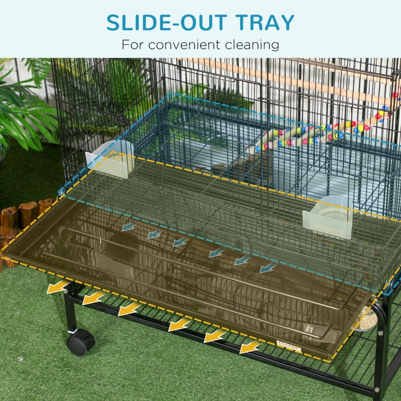 PawHut 52" Bird Cage with Rolling Stand, Toys, for Budgies Canaries Black