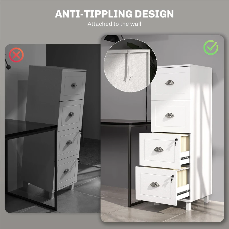HOMCOM 4 Drawer File Cabinet with Lock, Office Filing Cabinet, A4 Letter Size, Hanging File Folders, White