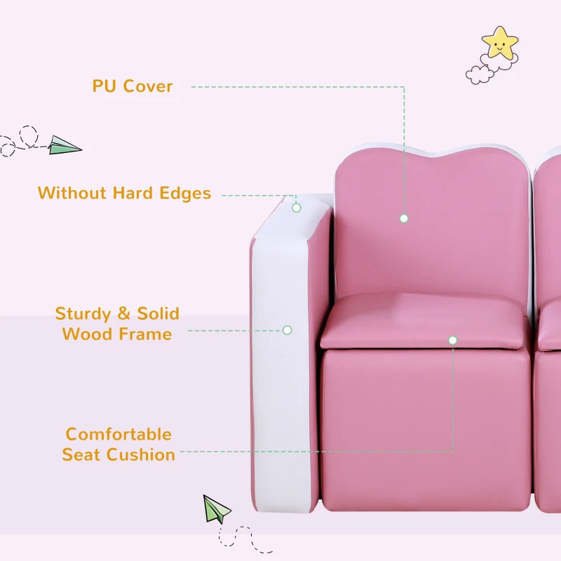 Qaba Kids Sofa Set 2-in-1 Multi-Functional Toddler Table Chair Set 2 Seat Couch Storage Box Soft Sturdy Pink
