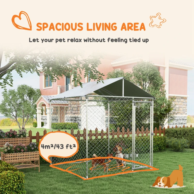 PawHut 6.6' x 6.6' x 7.8' Outdoor Dog Kennel Heavy Duty Galvanized Steel Chain Link with UV-resistant Roof, Silver