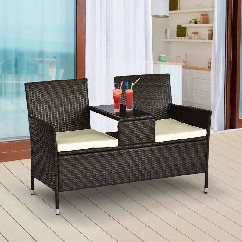 Outsunny 2 Seat Rattan Wicker Chair Garden Bench with Tea Table Backyard All Weather Padded Seat, Brown