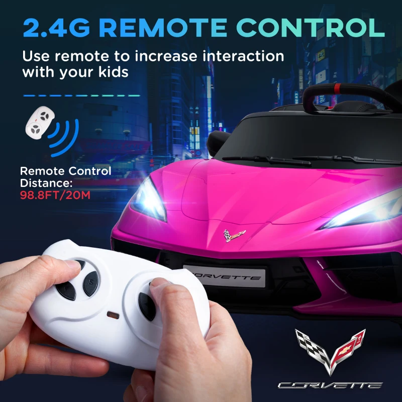 Qaba 12V Kids Electric Car Corvette Licensed w/ Remote Control, Suspension System, Music, Headlight, Slow Start, Pink