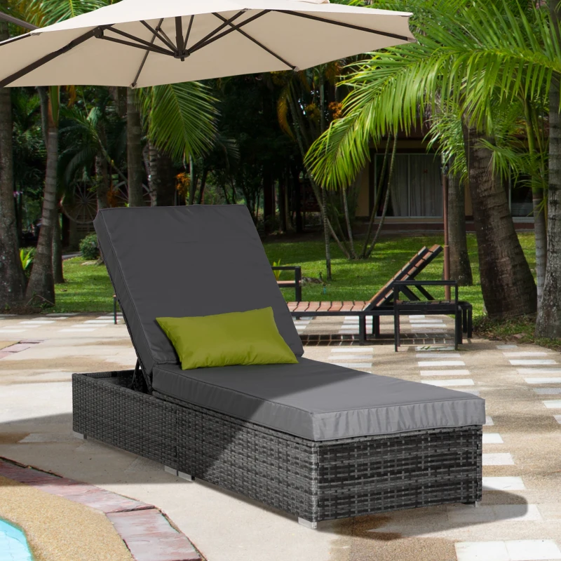 Outsunny Patio Wicker Lounger, Outdoor PE Rattan Single Chaise Lounge w/Adjustable Recliner Backrest, Cushion, & Pillow, Grey