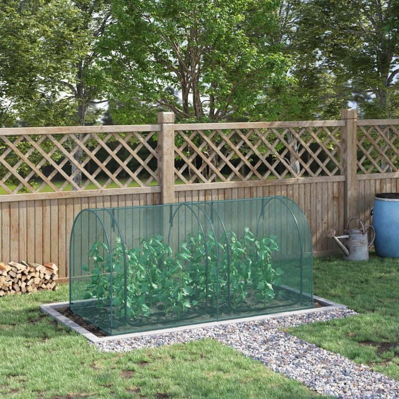 Outsunny 8' x 3' Crop Cage, Garden Plant Protector, with 3 Zippered Doors and 6 Ground Stakes, for Garden, Yard, Lawn Dark Green