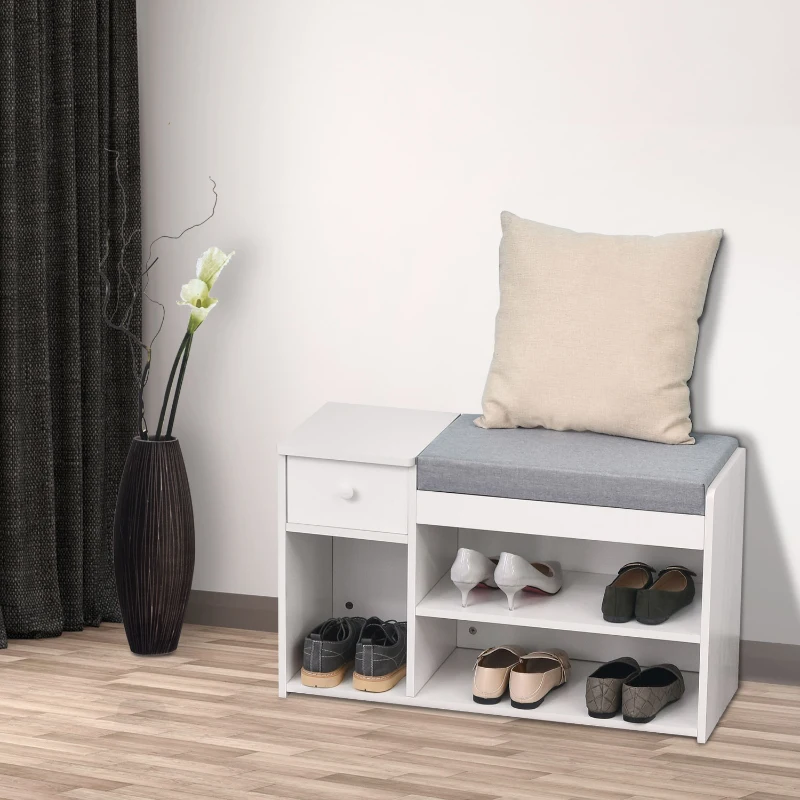 HOMCOM Shoe Bench with Storage, Modern Upholstered Entryway Bench with Shelves, Drawers and Table Top for Living Room, Hallway, White