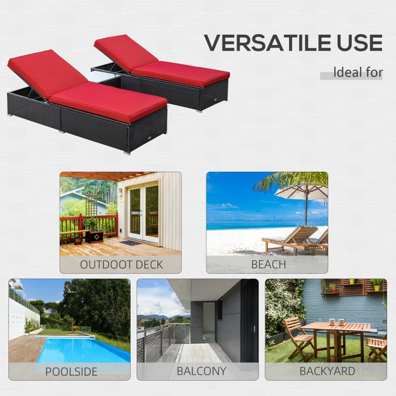 Outsunny Chaise Lounge Chair Set of 2 with 5 Angle Backrest, Outdoor Coffee Table, Water Repellent Cushions, PE Rattan Wicker Poolside Chairs, 3-Piece Pool Furniture Set, Dark Brown/Red
