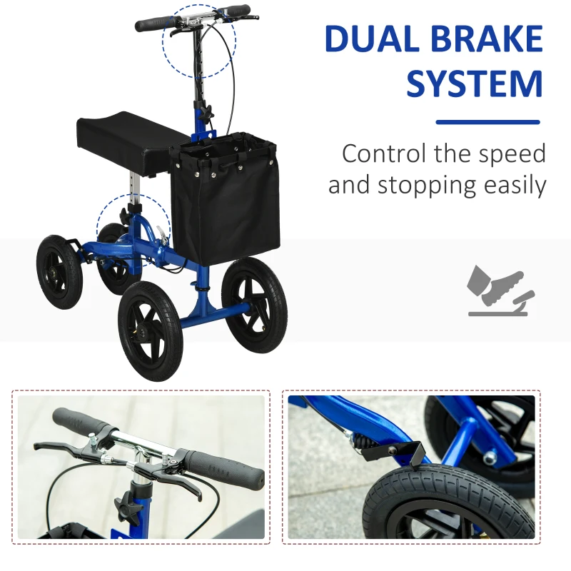 HOMCOM Knee Scooter with Basket, Dual Braking System and 10" All Terrain Wheels, Steerable Knee Walker with Adjustable Height, Foldable Crutch Alternative for Ankle and Foot Injuries, Blue