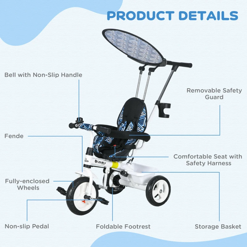 Qaba 6 in 1 Kids Tricycle with Removable Handlebar and Canopy, Blue