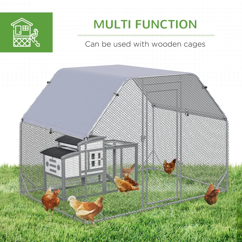 PawHut Chicken Run, Galvanized Large Metal Chicken Coop Cage, Walk-in Enclosure Poultry Hen Run House Playpen Rabbit Hutch with Flat Roof, Cover, 9.2' x 6.2' x 6.5', Silver
