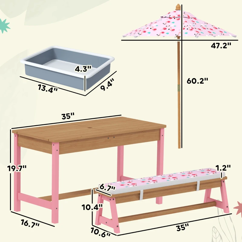 Qaba Kids Picnic Table Set with Foldable Umbrella, Removable Cushions & Boxes, Flamingo Theme, Pink