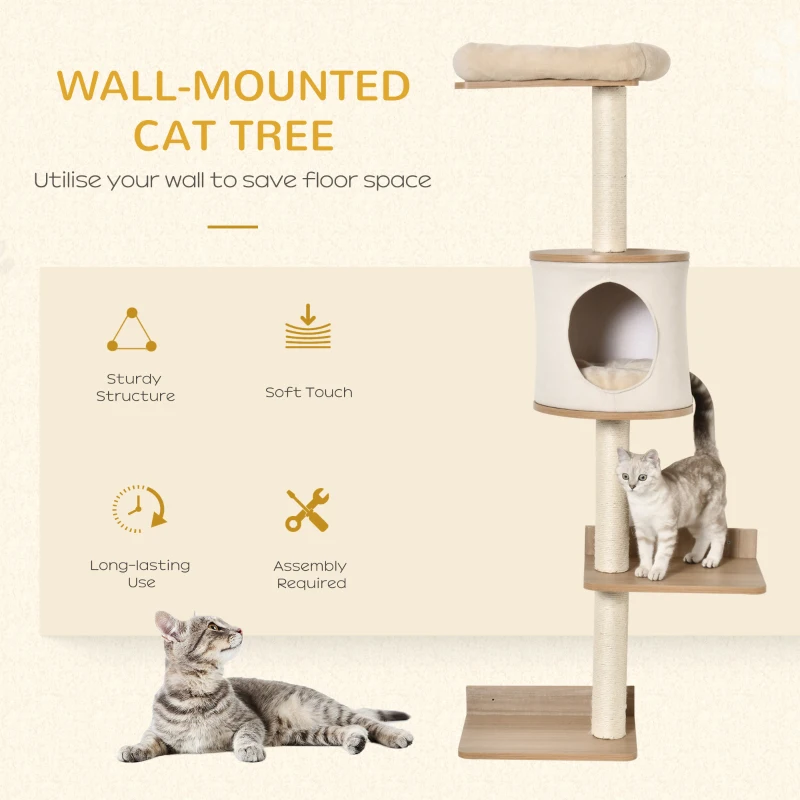 PawHut Cat Tree Pet Wall-mounted Climbing Frame Shelf Kitten Perch Activity Center Condo Bed Scratching Post Light Brown