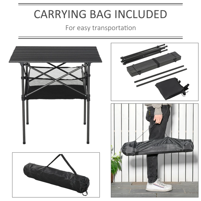 Outsunny Folding Camping Table with Mesh Storage Bag, Lightweight Aluminum Picnic Desk, Roll Up Tabletop with Carring Bag