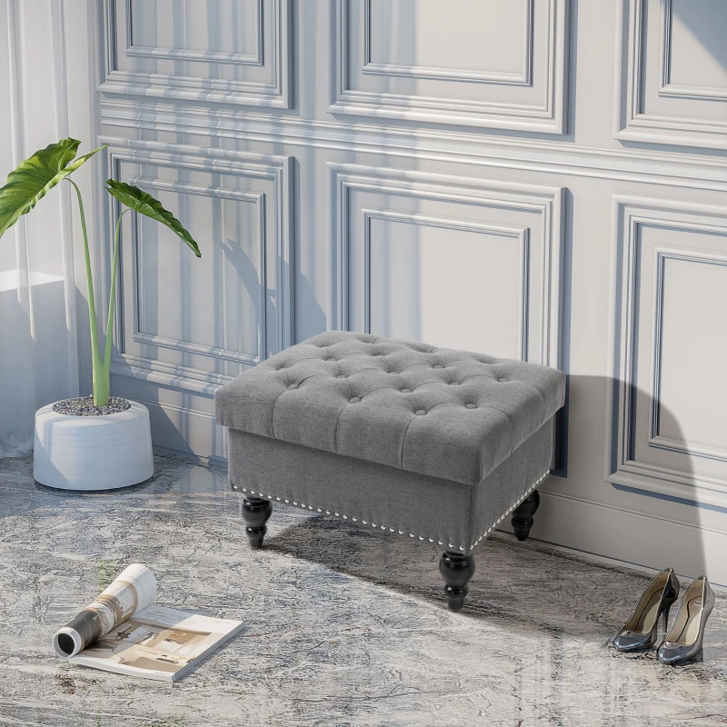 HOMCOM Ottoman with Storage for Living Room, 25" Storage Ottoman with Removable Lid, Button-Tufted Fabric Bench for Footrest and Seat with Wood Legs, Gray