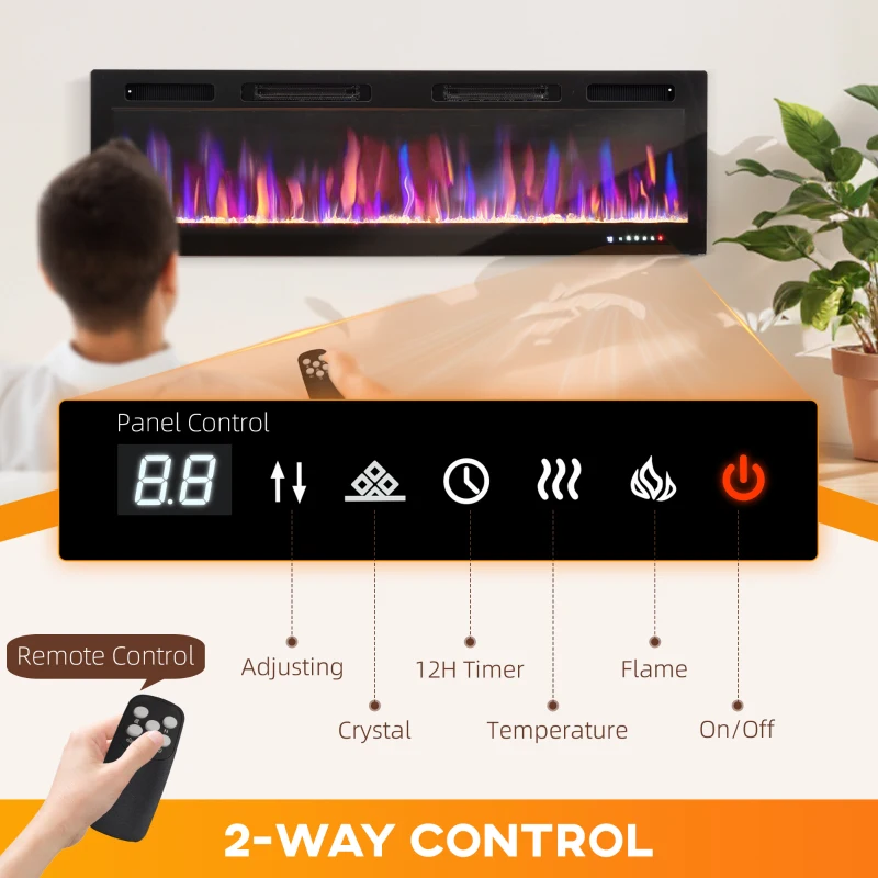 HOMCOM 60" Electric Fireplace Recessed and Wall Mounted, 1500W Ultra-thin with Adjustable Flame, Crystal, Black