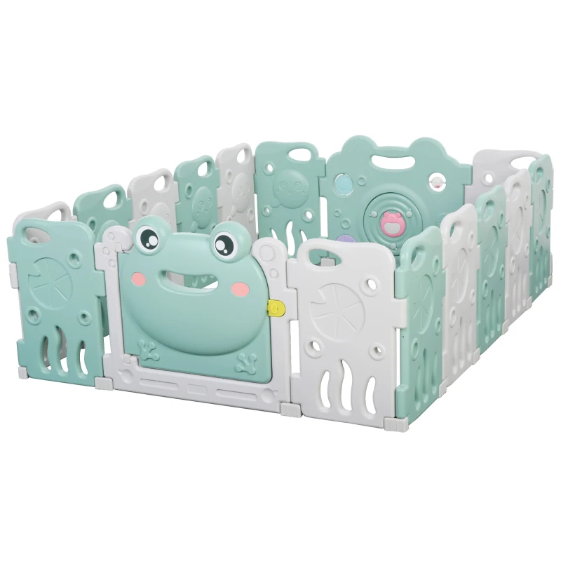 Qaba 16 pcs Baby Enclosure, Children Playpen Safety Gate Kids Activity Center Fence Frog Shape for Home Indoor Mom's Helper w/ Toys HDPE