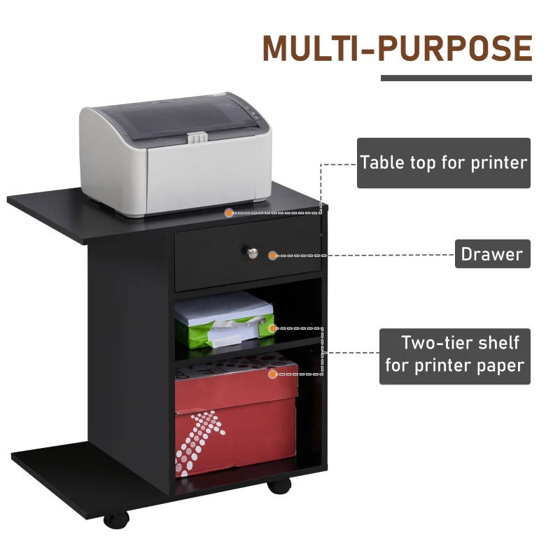 Vinsetto Mobile Printer Stand, Rolling File Cabinet Cart with Wheels, Adjustable Shelf, Drawer and CPU Stand, Black