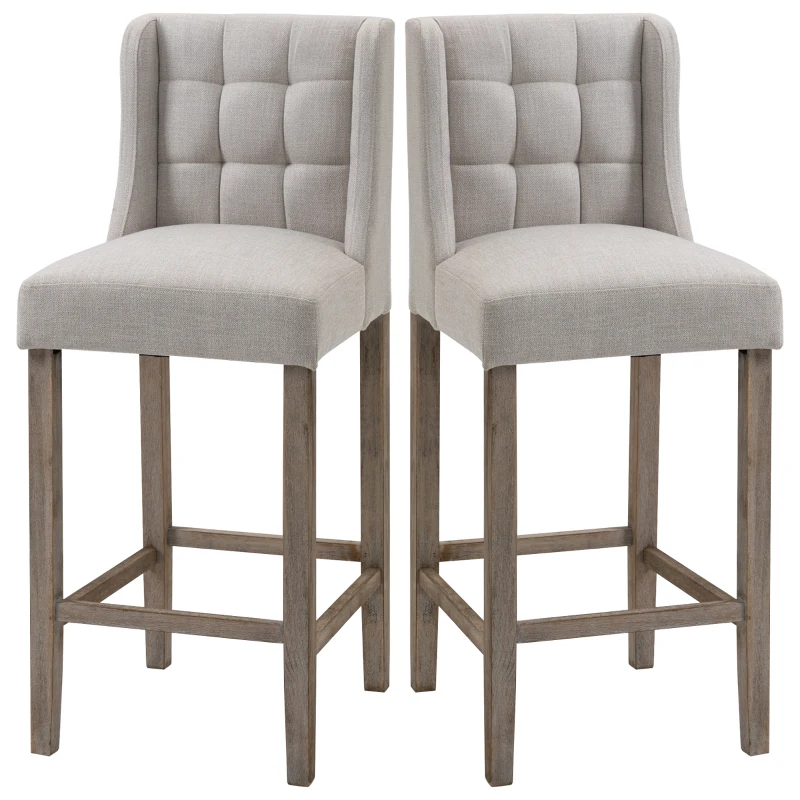 HOMCOM Modern Bar Stools, Tufted Upholstered Barstools, Pub Chairs with Back, Rubber Wood Legs for Kitchen, Dinning Room, Set of 2, Beige