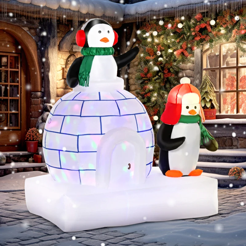 HOMCOM 5 ft Lighted Christmas Inflatables Outdoor Decorations Penguins with a Scarf and Igloo, Rotating Colorful Light, Holiday Yard Christmas Decor