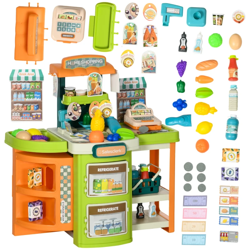 Qaba 58Pcs Grocery Store Pretend Play Kids Trolley with Cash Register Stand, Foldable Play Store for Kids with Scanner, Play Food Vegetable, Extra Storage for Boys and Girls Ages 3-6 Years Old
