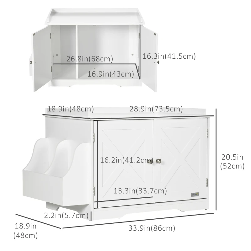 PawHut Hidden Litter Box Enclosure Cat Furniture with Storage, Adjustable Divider, Indoor Pet House Side Table, White