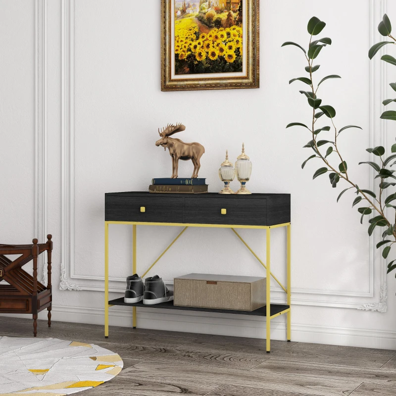 HOMCOM Hallway Console Table Entryway Table with 2 Drawers and Storage Shelf for Living Room Bedroom Behind Sofa Black