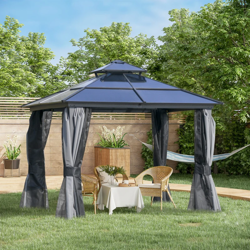 Outsunny 10' x 10' Hardtop Gazebo Canopy with Polycarbonate Roof, Aluminum Frame, Permanent Pavilion Outdoor Gazebo with Netting, for Patio, Garden, Backyard, Deck, Lawn, Gray