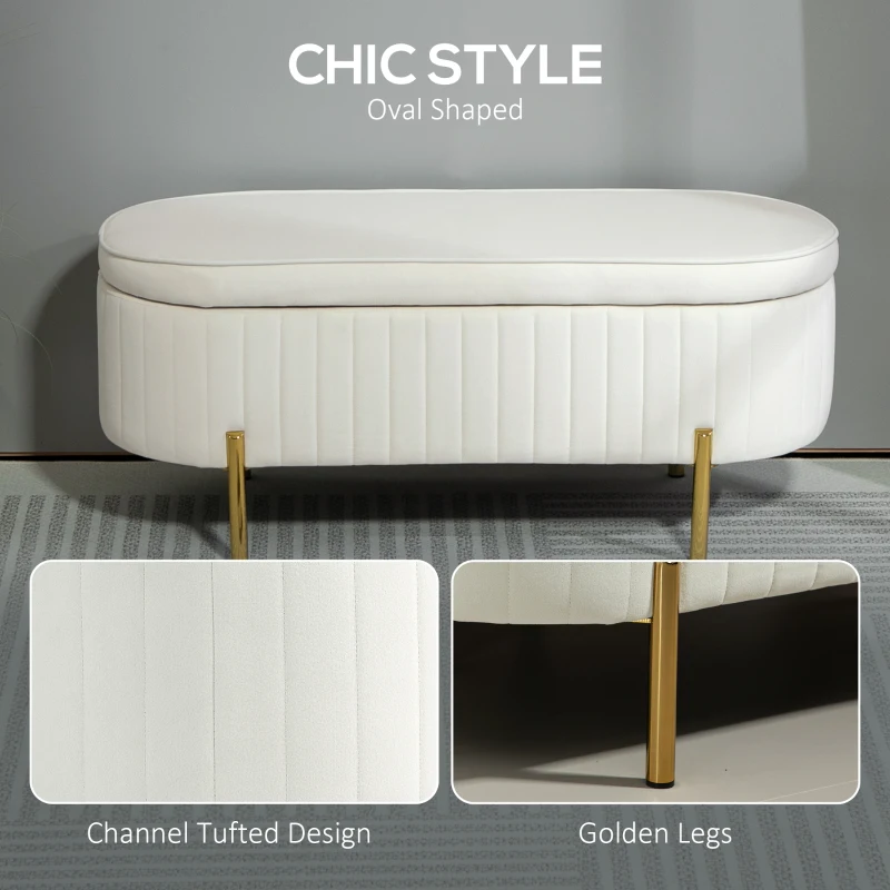 HOMCOM Upholstered Bedroom Bench, Channel Tufted Ottoman Bench with Thick Padding and Metal Legs, Cream White
