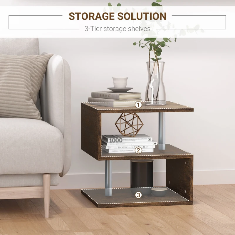 HOMCOM 3 Tier S-Shaped Side Table, Industrial End Table, Small Coffee Table with Open Storage Shelf for Living Room