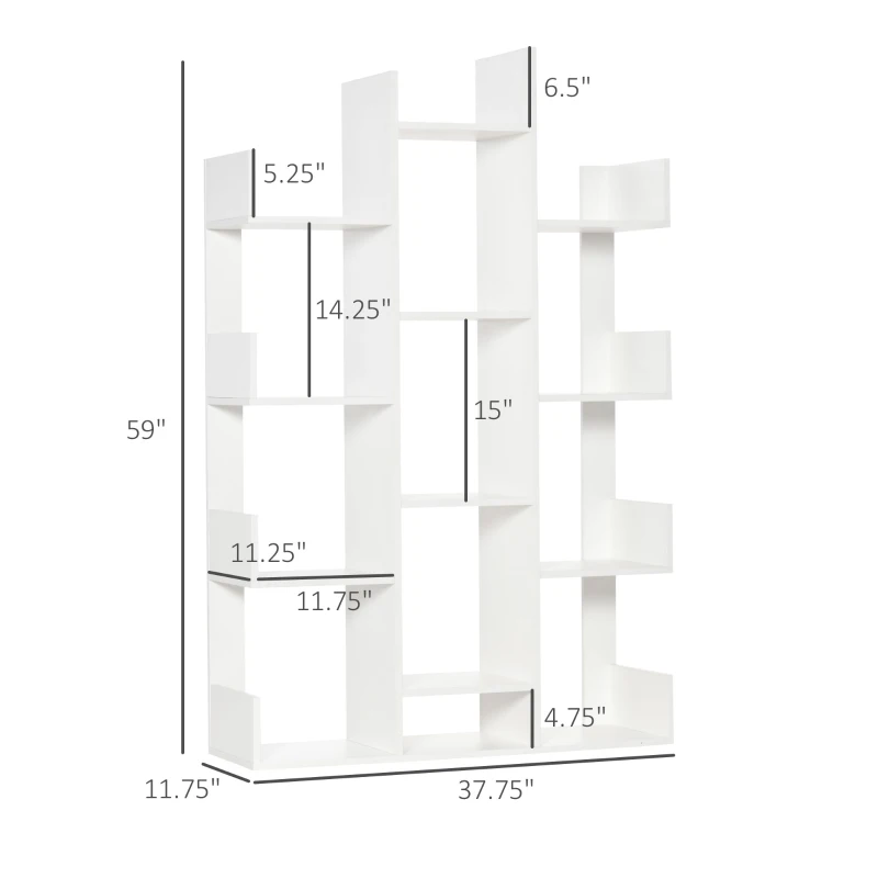 HOMCOM Tree Bookshelf, Modern Freestanding Bookcase with 13 Open Shelves, Display Unit for Living Room, Study or Office, White