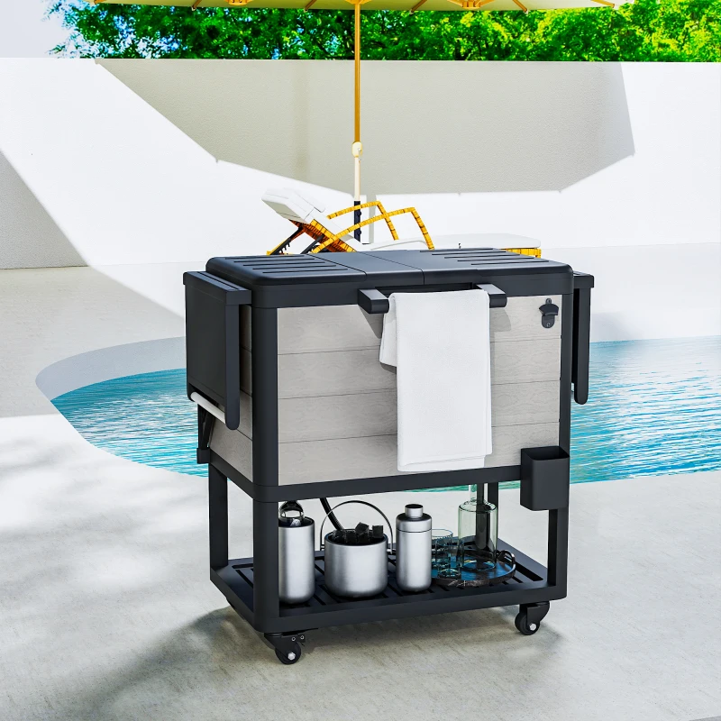 Outsunny 104 Quart Large Capacity Outdoor Cooler Cart, Patio Rolling Ice Chest with Bottle Opener Shelves Wheels, Gray